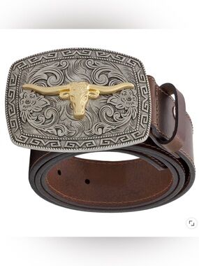 Men’s Leather Belt Lee Longhorn Silver Buckle NWT Sz 38 Western Cowboy Party